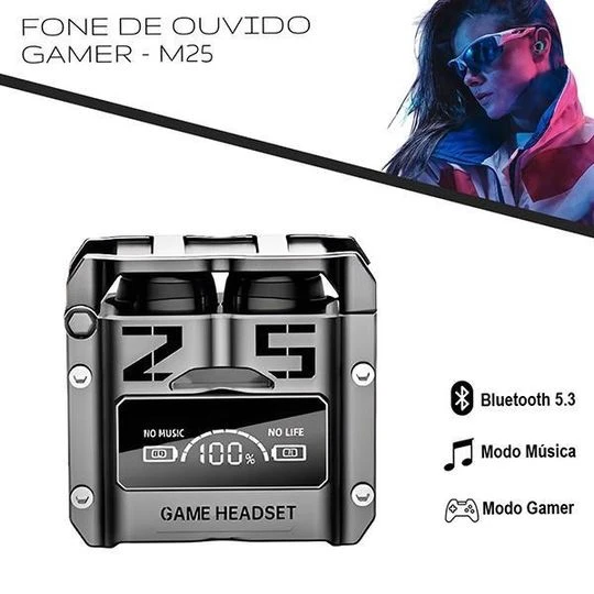 M25 Fone De Ouvido Sem Fio Gamer Bluetooth V5.3 Led - Prata